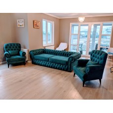 Классический английский диван Chesterfield в текстильной оббивке + 2 кресла (на заказ: другой размер, другая ткань, кожа, кожзам)