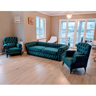 Классический английский диван Chesterfield в текстильной оббивке + 2 кресла (на заказ: другой размер, другая ткань, кожа, кожзам)